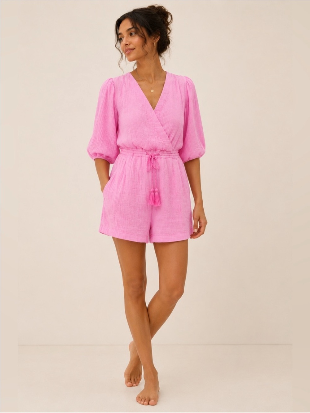 Anthropologie Pink V-Neck Tie-Waist Romper